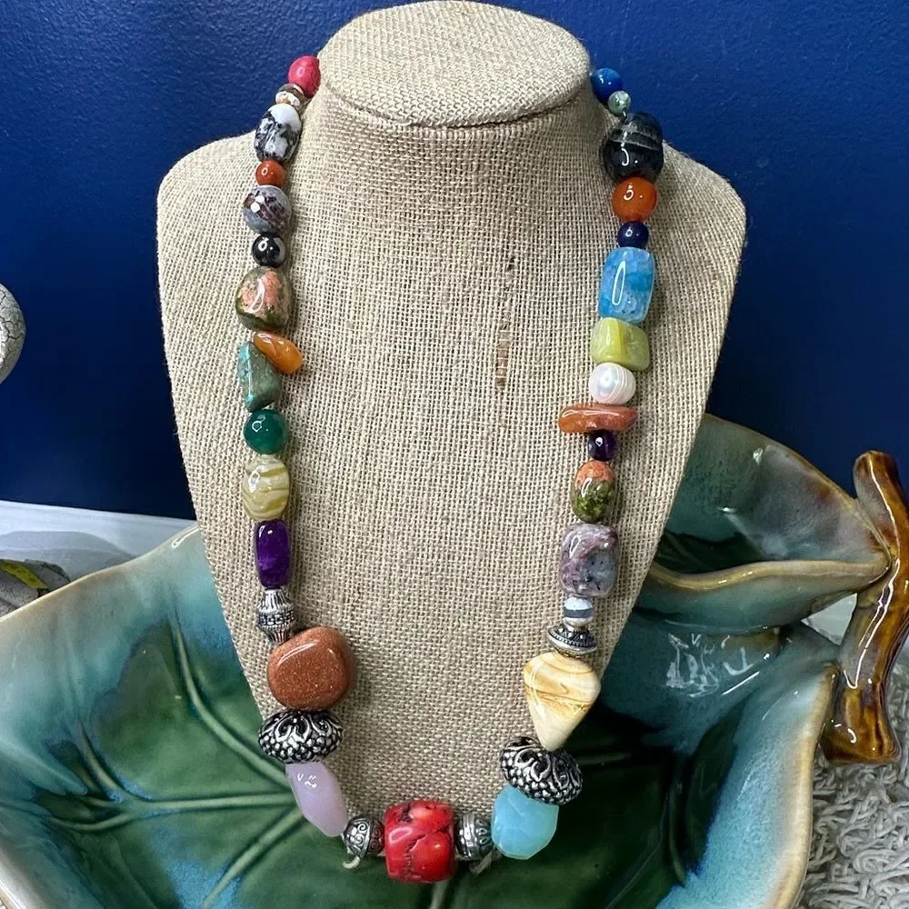 Handmade Genuine Multi Gemstone Chunky Beads Blessingway Necklace 22” 925 Silver